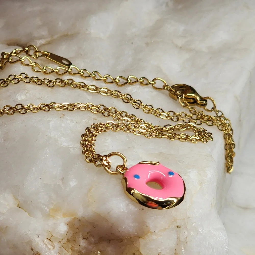 Minimalist Hypoallergenic 14kt Gold Necklace Enameled Donut Pendant
